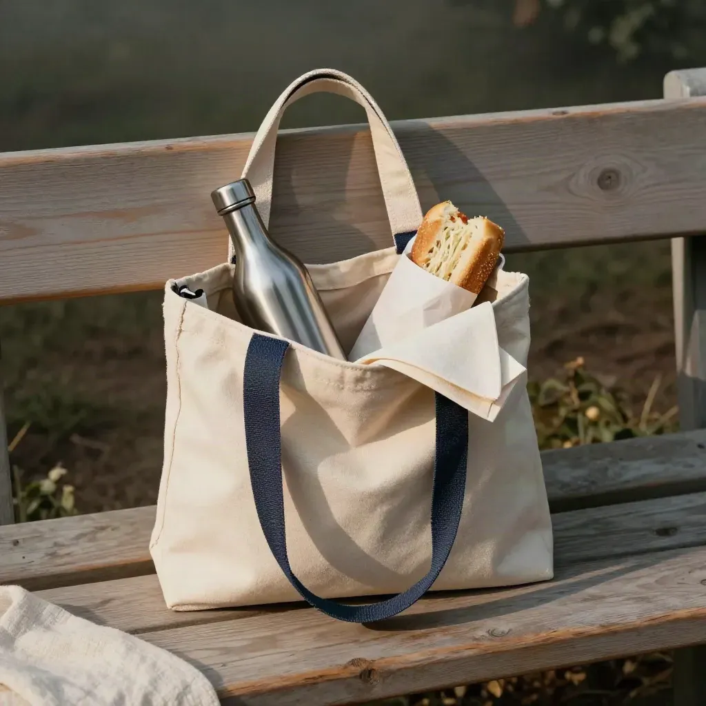 Canvas lunch tote open on a pale wood bench with bottle, sandwich, and napkin in soft morning light.