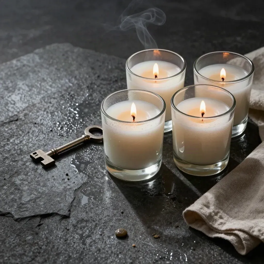 Three lit glass candle jars on wet basalt with linen and pebbles, overhead flatlay