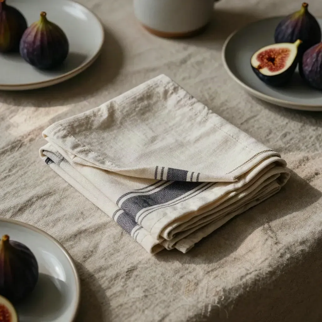 Cloth napkins with striped hems around plates and figs on a linen table
