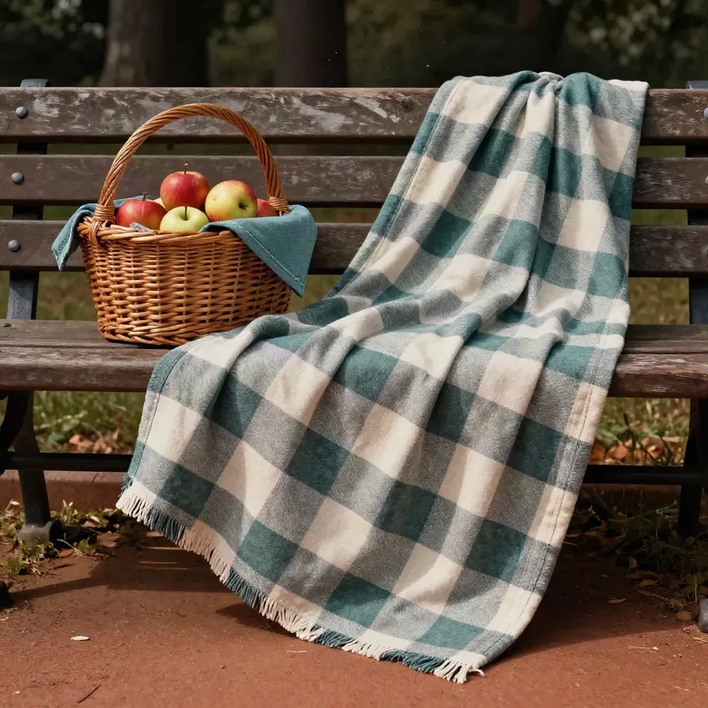 Flannel picnic throw billowing on a bench beside a wicker basket and apples