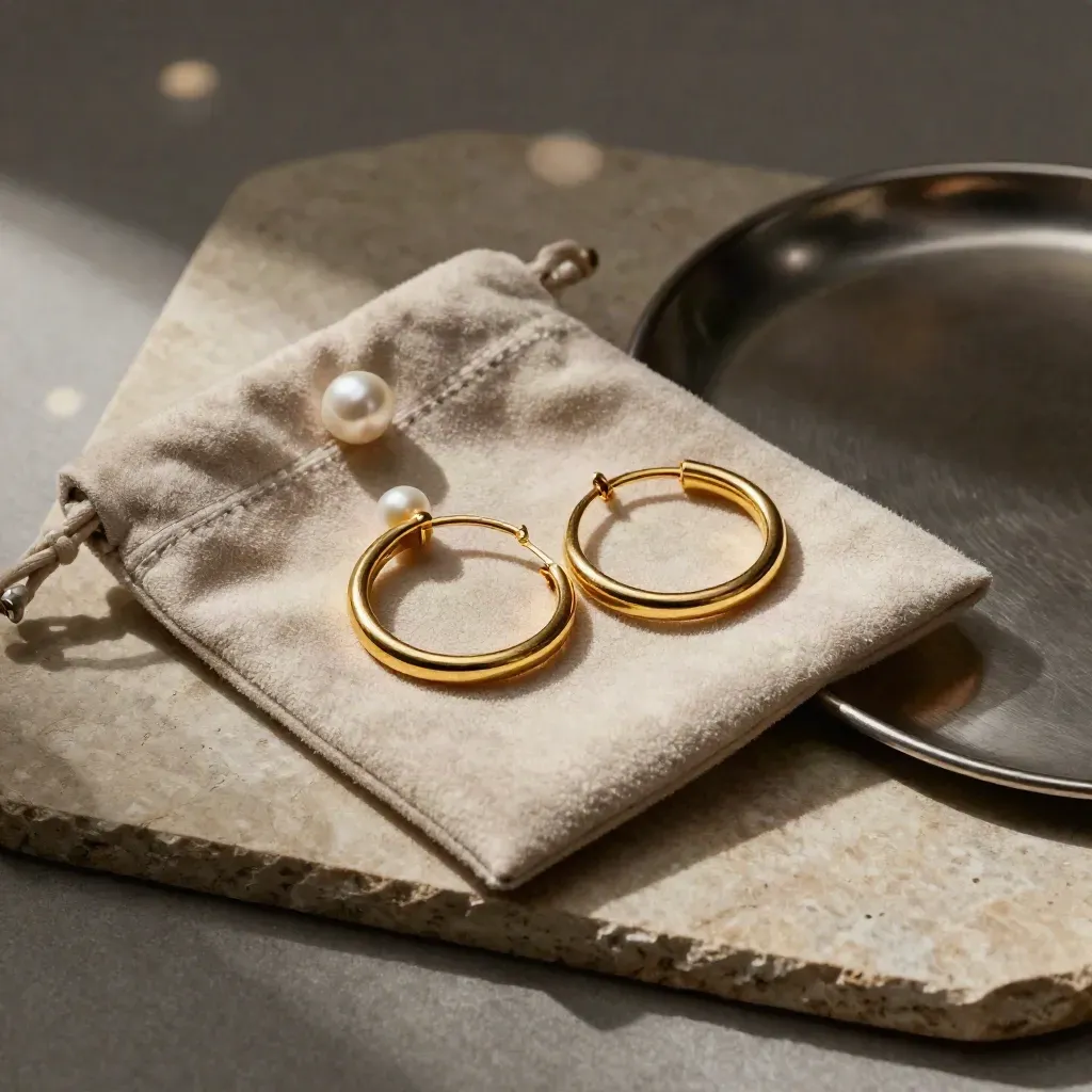 Gold-tone hoop earrings on a suede pouch with a pearl bead and brushed tray, overhead flatlay.