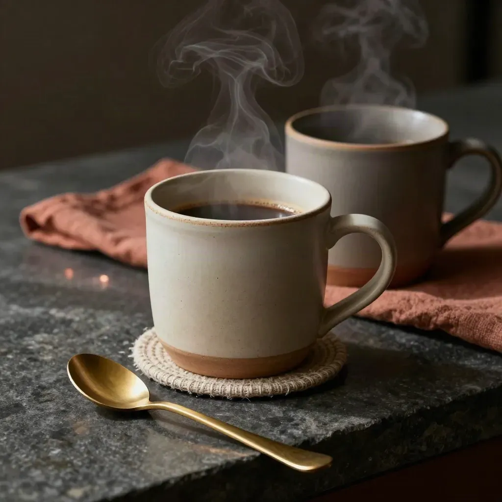 Two steam-wreathed stoneware mugs, linen coaster and brass spoon on a dark stone ledge.