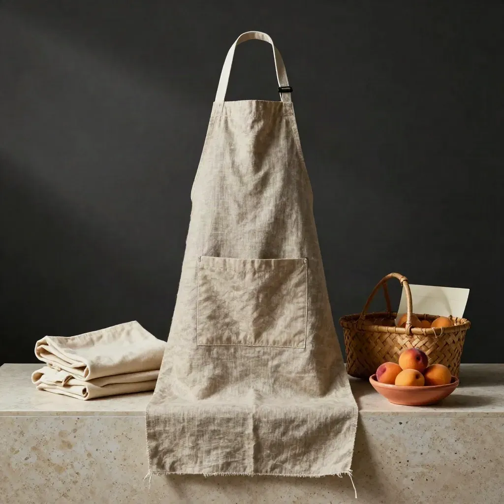 Linen market apron with basket and produce dish on travertine in soft studio light.