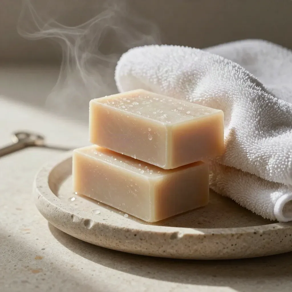 Three cream soap bars with water beads beside a towel and stone dish in misty light.