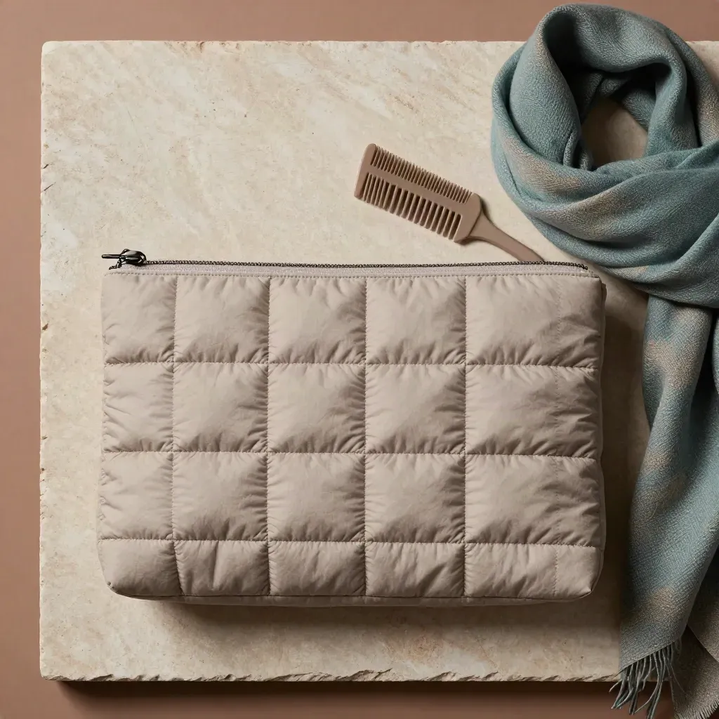 Quilted zip pouch with comb and scarf on stone, zipper mid-close in a flatlay.