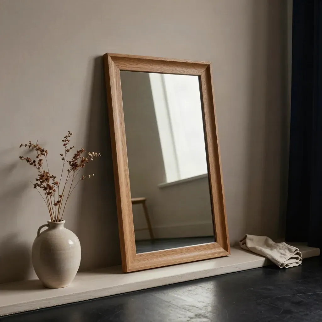 Oak-framed mirror leaned on a plaster ledge with vase and dried stems in moody studio light.
