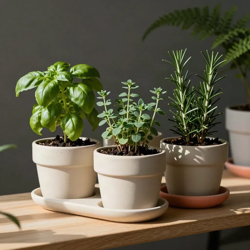 Three herb planters with basil, thyme, rosemary on a warm shelf beside a pebble tray.
