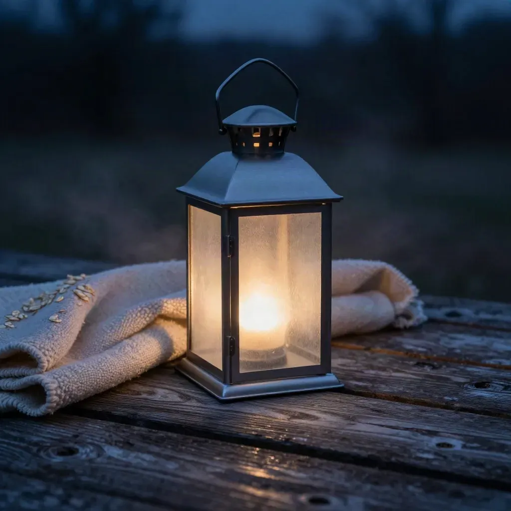 Glowing porch lantern beside a folded throw and weathered slats in dusk mist.