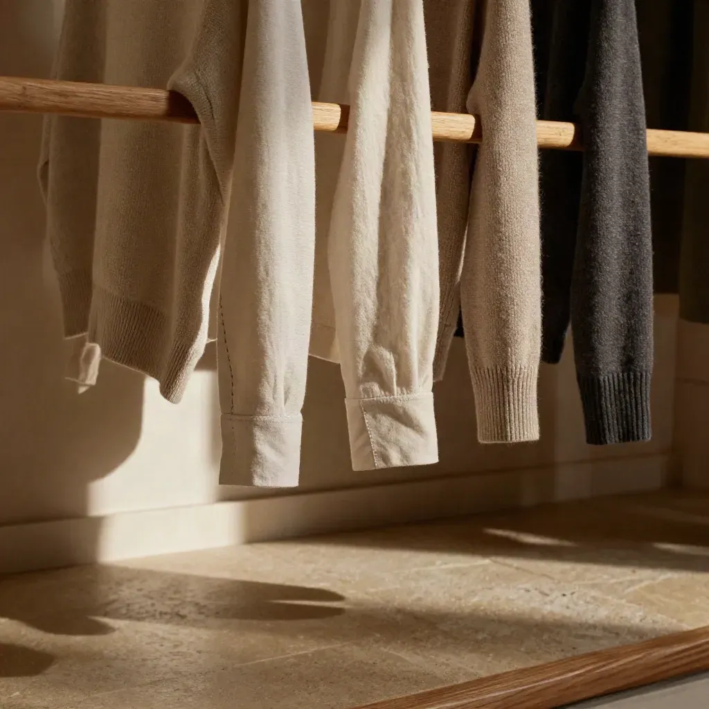 Neutral boutique garments on a sunlit rail above a calm stone floor