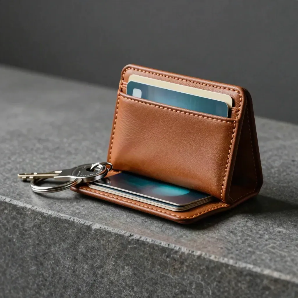 Leather RFID card wallet sliding closed beside keys and a coin tray in macro.
