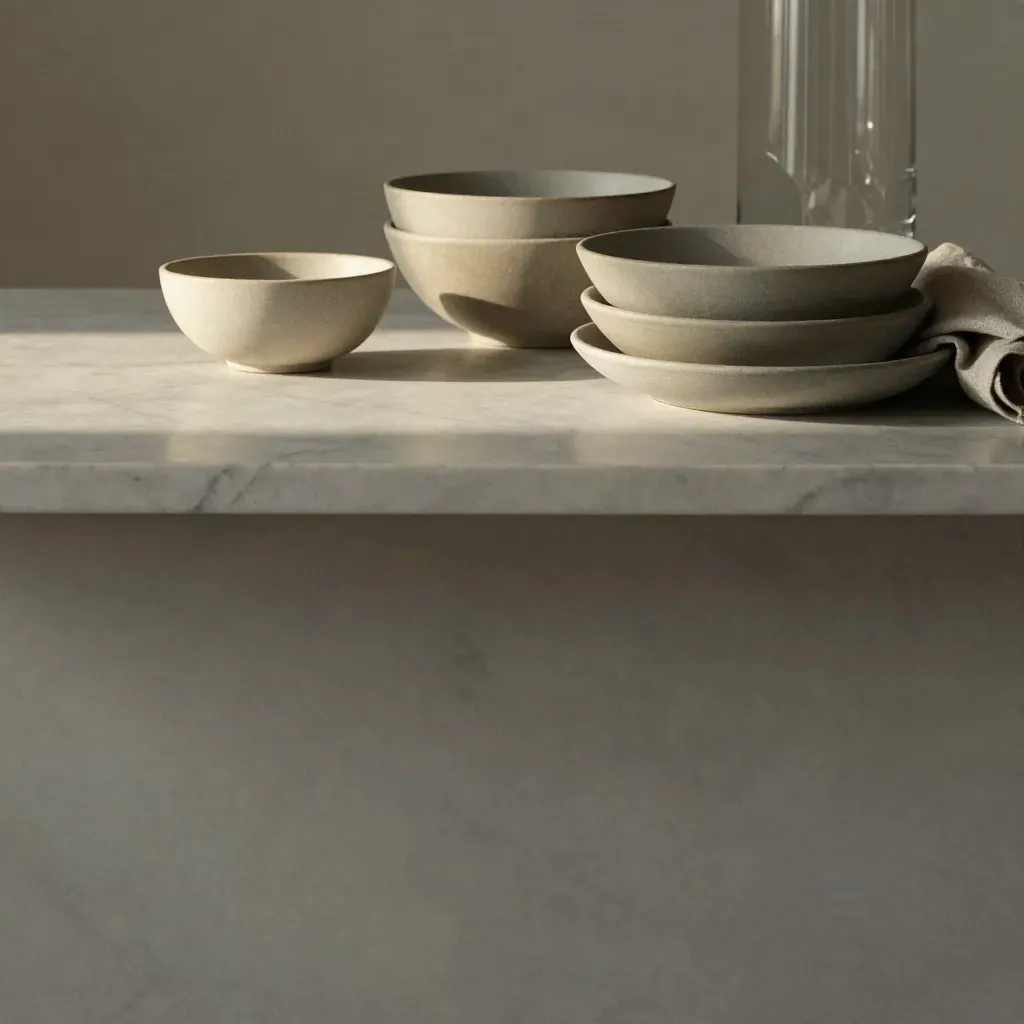 Pale marble home-goods still life with stoneware, linen and vase in warm daylight.